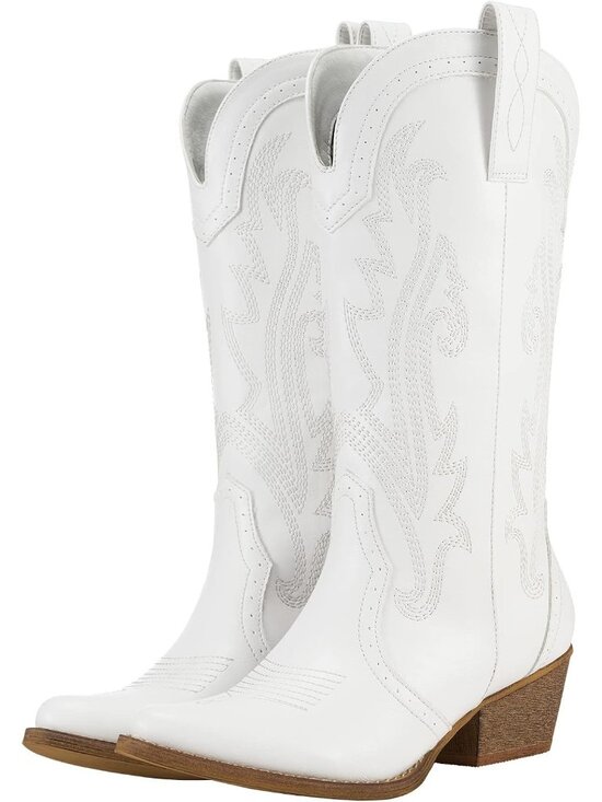 Shoes - Women's White Leather Pointed Toe Stitched Embroidery Western Cowboy Boots